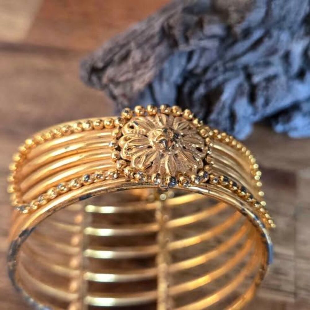 Gold Tone Multi Band Rhinestone Bangle Bracelet Floral Charm 2.5" Diameter